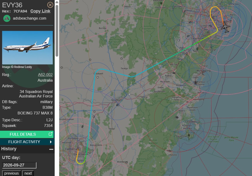 raaf_vip's tweet photo. Boeing 737 MAX 8 BBJ // A62-002 // Envoy 36

Route: Canberra (CBR) - Sydney (SYD)
🛫: 04:16 UTC on 27/09/2026
🛬: 04:58 UTC

#RAAF #AusAirForce #A62002 #Sydney https://t.co/TCB18dRXtH