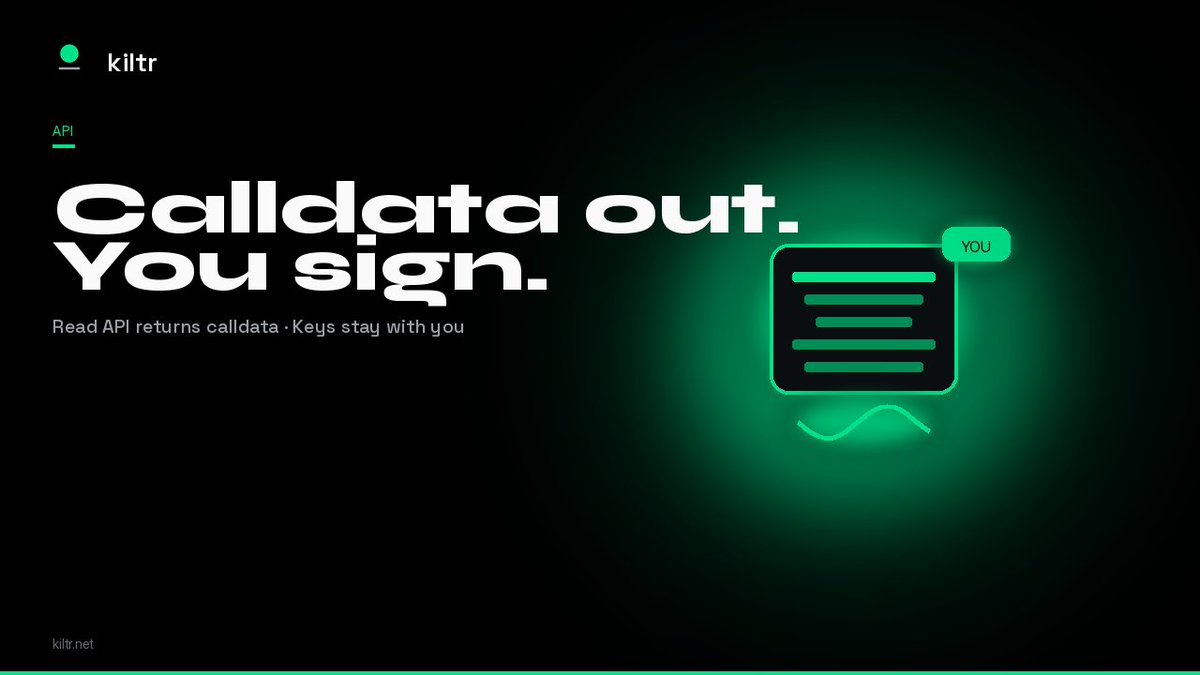 KiltrProtocol's tweet photo. Calldata out. You sign.

Kiltr's public API is read-shaped for writes: it returns calldata - you sign and broadcast from your own wallet. GraphQL, REST (OpenAPI), and an SSE stream for live swaps.

Integrators get paths. Keys stay with you.

https://t.co/68TMrNIQTz

Educational content. Not investment advice.
Independent — not affiliated with or endorsed by Robinhood.

$KILTR CA: 0x985ff6B07d77121eBBb4074c35b7a022D61123AD