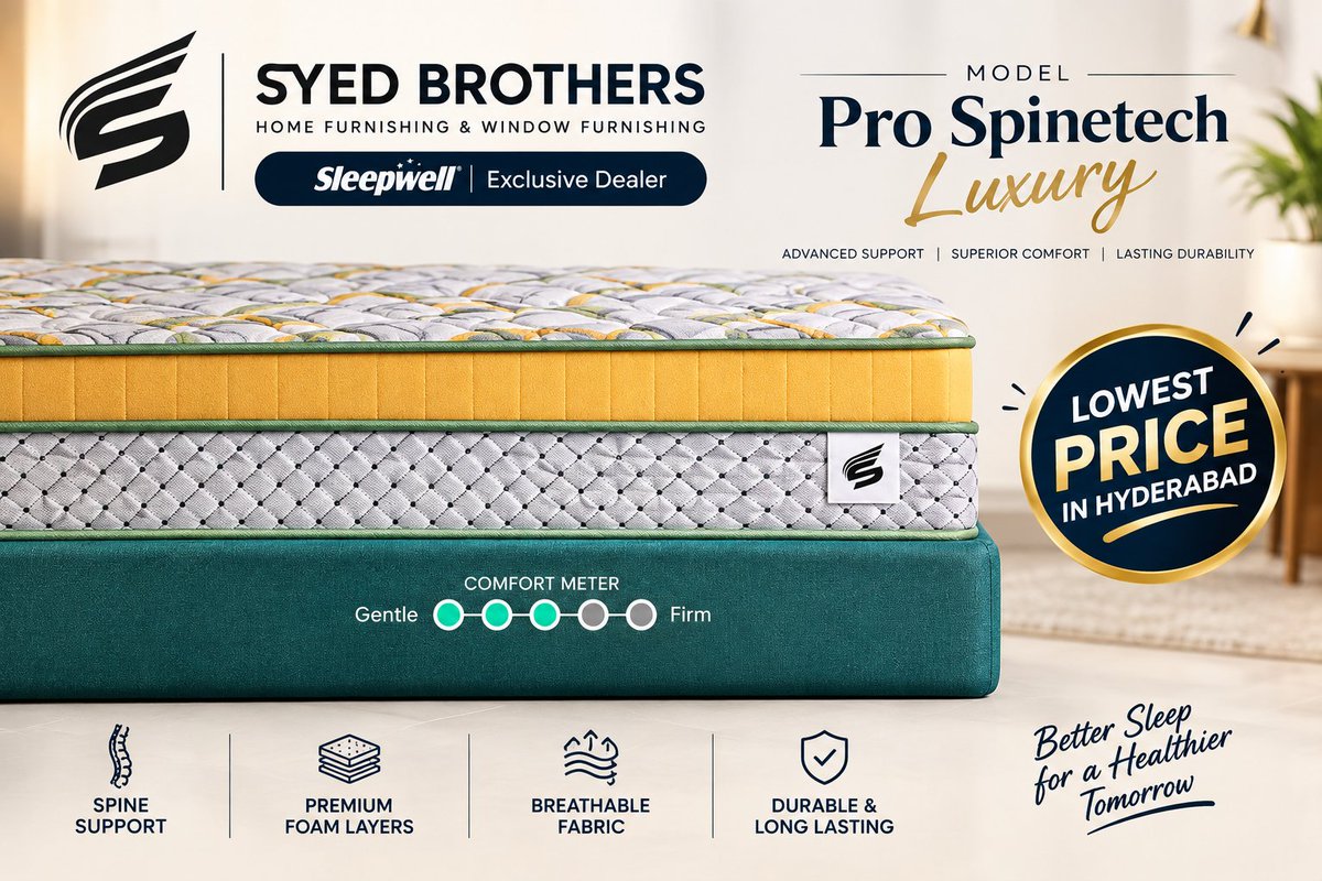 sdcreationhf's tweet photo. India's Top Ortho Mattress
The Sleepwell Pro Spinetech Luxury Mattress is now available at Syed Brothers, Hyderabad. Certified spine support meets pure luxury. Best price guaranteed
King : ₹64,100
Queen: ₹51,310
📍at Chandrayangutta or call
📞 8522986335 #Hyderabad #Sleepwell https://t.co/El3YC9Dtg2