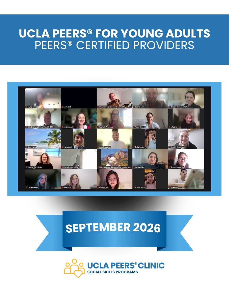 UCLAPEERS's tweet photo. We are proud to celebrate the participants who successfully completed the PEERS® for Young Adults Certified Training Teleconference. Led by Dr. Elizabeth Laugeson September 23-25th, 2026, this training welcomed professionals from 20 countries and resulted in 250 PEERS® providers. https://t.co/2pmdRFqO3F