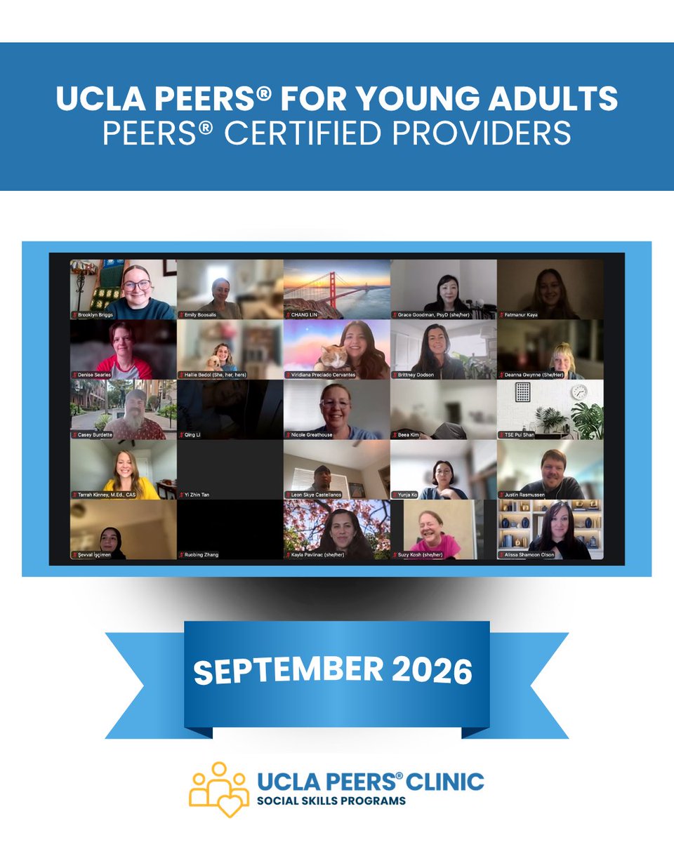 UCLAPEERS's tweet photo. We are proud to celebrate the participants who successfully completed the PEERS® for Young Adults Certified Training Teleconference. Led by Dr. Elizabeth Laugeson September 23-25th, 2026, this training welcomed professionals from 20 countries and resulted in 250 PEERS® providers. https://t.co/2pmdRFqO3F