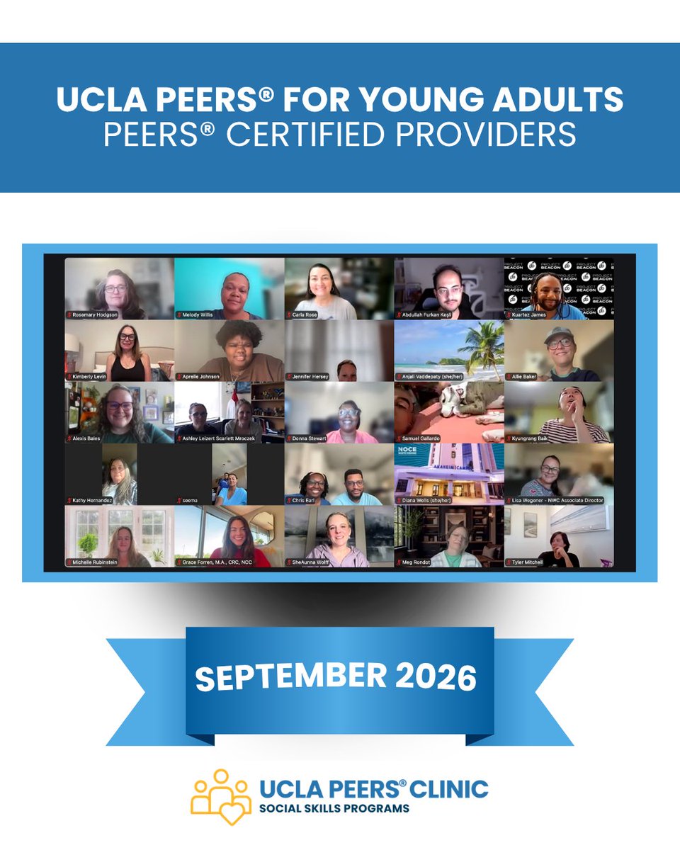 UCLAPEERS's tweet photo. We are proud to celebrate the participants who successfully completed the PEERS® for Young Adults Certified Training Teleconference. Led by Dr. Elizabeth Laugeson September 23-25th, 2026, this training welcomed professionals from 20 countries and resulted in 250 PEERS® providers. https://t.co/2pmdRFqO3F