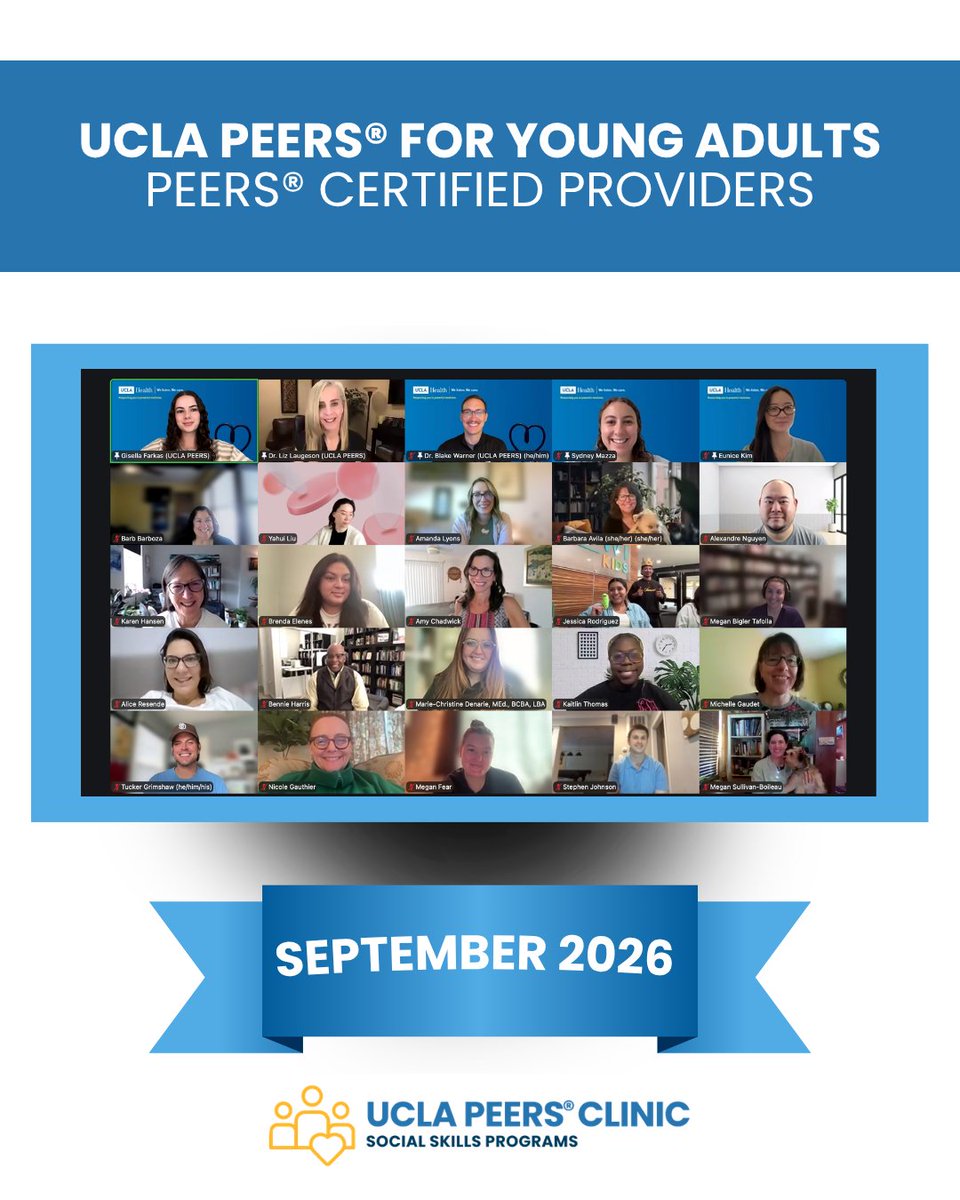UCLAPEERS's tweet photo. We are proud to celebrate the participants who successfully completed the PEERS® for Young Adults Certified Training Teleconference. Led by Dr. Elizabeth Laugeson September 23-25th, 2026, this training welcomed professionals from 20 countries and resulted in 250 PEERS® providers. https://t.co/2pmdRFqO3F