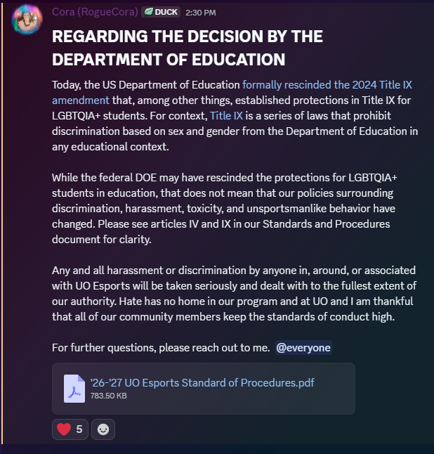 TheRogueCora's tweet photo. For my colleagues, I would heavily recommend making a statement like this to your programs regarding the DOE stripping LGBTQIA+ students of protections under Title IX today. 

You can, and should, hold your program to a higher standard and stay firm in your values https://t.co/vua8HhNgRu