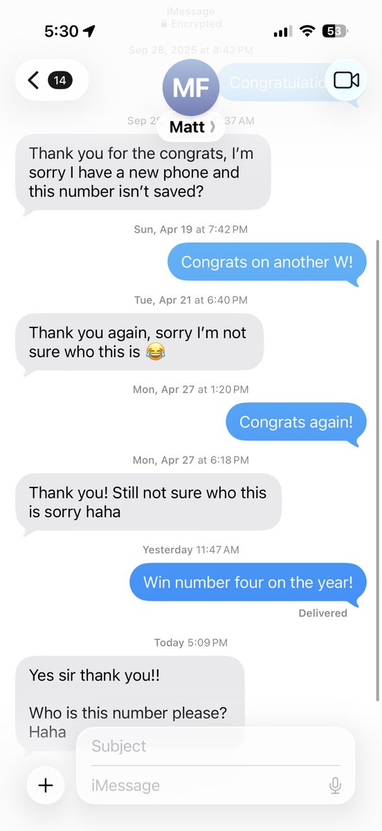 EgbersTom's tweet photo. I’ve been texting Matt Fitzpatrick every time he wins. Only issue is he has no idea who I am https://t.co/4pCnJL9mAx