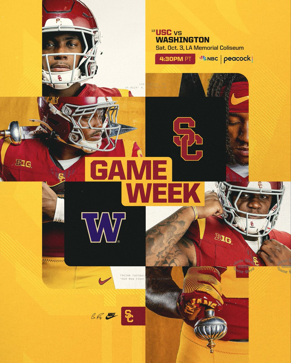 uscfb's tweet photo. Next up.

⚔️ October 3 • 4:30PM PT
🏟️ LA Memorial Coliseum
📺 NBC / Peacock https://t.co/mxUlWDnZqH