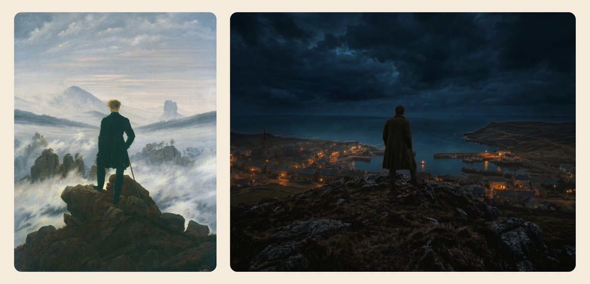 TingleGoosebump's tweet photo. How a 1937 novel about the whole universe became our first AI-generated film.

Learn about the origins, inspirations, and first decisions behind Star Maker. (And yes, that shot was inspired by Caspar David Friedrich’s Wanderer above the Sea of Fog)

Link in the comments https://t.co/DIJYXULZWx