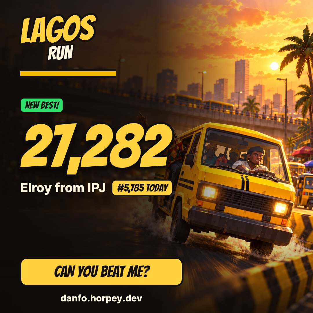 thisiselroy's tweet photo. I scored 27,282 driving danfo in Lagos Run. I'm #5,785 today. Can you beat me? https://t.co/jdqUhcEHXw #LagosRun @eureka_seamless https://t.co/EduvuTKOat