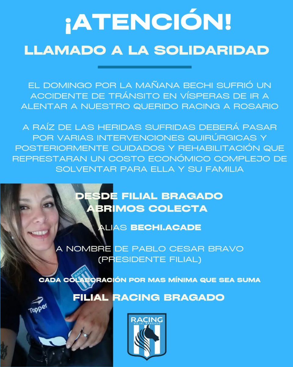 RacingClubEC's tweet photo. Queridos amigos.

Nuestra querida Bechi, de Filial Bragado, ayer sufrió un accidente automovilístico de camino al partido en Rosario.

Los gastos serán muy fuertes para allá y su familia. Junto con @FilialesRacing nos estamos uniendo solidariamente por su ayuda.

#RacingEcuador https://t.co/DJsQ17UEf5