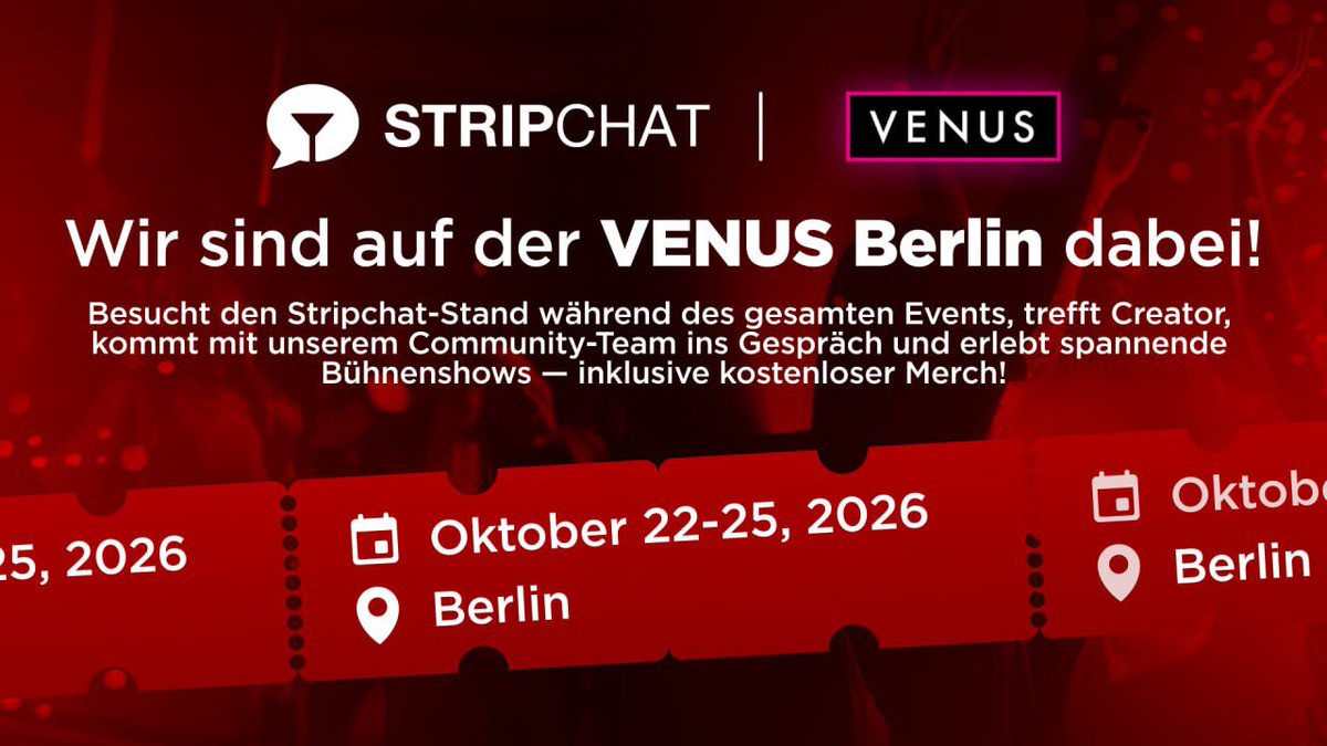 stripchat's tweet photo. Probably the question we’ve been getting the most lately: are we going to VENUS Berlin?

Yes. Very much yes 🖤❤️

Stop by the Stripchat booth Oct 22–25 to experience a live cam show environment, meet your favorite creators, catch exclusive stage entertainment, and grab some free premium merch.

See you in Berlin?