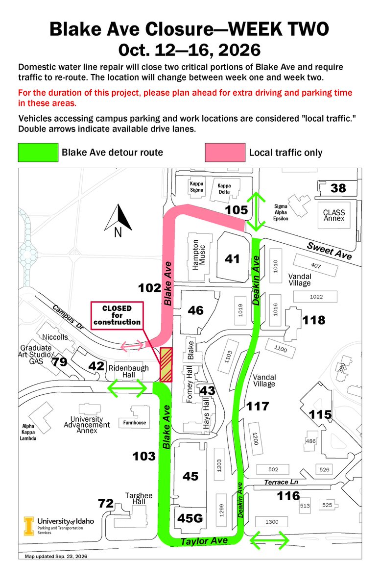 uidaho's tweet photo. Blake Avenue closures planned on the Moscow campus for sewer and water line repairs. Oct 5-11: Blake Avenue directly south of the Nez Perce Drive will be closed to all traffic. Oct. 12-16: Blake Avenue directly north of the Nez Perce Drive will be closed to all traffic. https://t.co/t4DloWwCD3