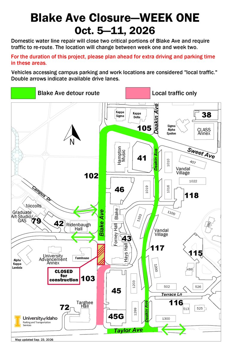 uidaho's tweet photo. Blake Avenue closures planned on the Moscow campus for sewer and water line repairs. Oct 5-11: Blake Avenue directly south of the Nez Perce Drive will be closed to all traffic. Oct. 12-16: Blake Avenue directly north of the Nez Perce Drive will be closed to all traffic. https://t.co/t4DloWwCD3