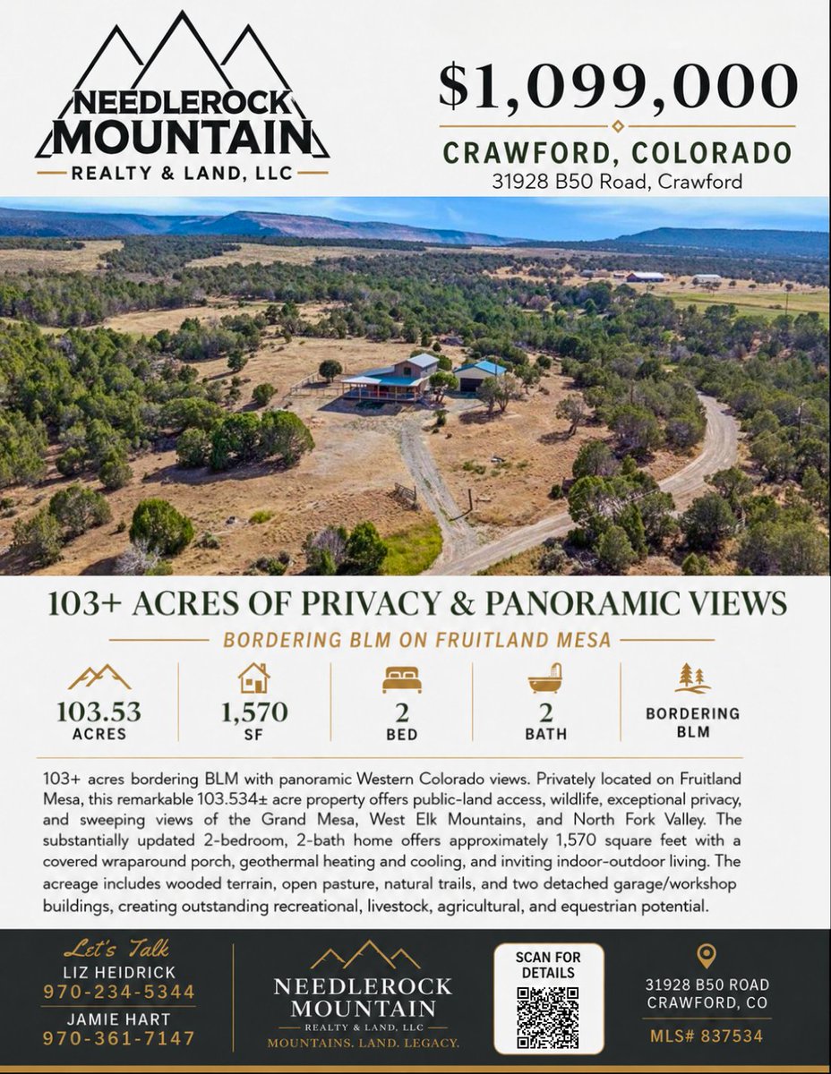 NeedlerockHart's tweet photo. 103+ ACRES BORDERING BLM! Escape to Fruitland Mesa with panoramic mountain views, exceptional privacy &amp; an updated 2-bed, 2-bath home featuring geothermal heating/cooling, a covered wraparound porch &amp; two garage/workshops. Message me! 
https://t.co/sodJoZkbQR https://t.co/vscAm63GK3