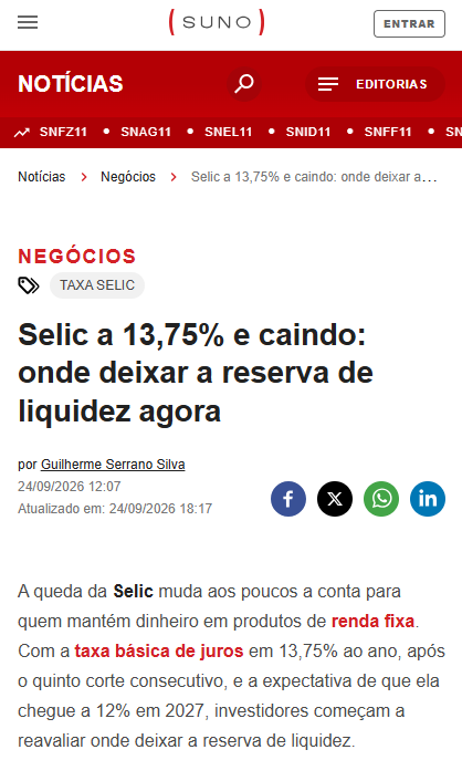 BrunoCorano's tweet photo. A Selic caiu e isso muda o jeito de olhar para sua carteira.

O Banco Central cortou os juros pela quinta vez seguida, para 13,75% ao ano. 

E ao mesmo tempo, elevou para 5,2% a projeção de inflação para 2026 e destacou que as expectativas continuam acima da meta.

Para quem tem patrimônio em renda fixa, isso merece atenção. 

Já quem tem, prefixado, pós-fixado, prazo e liquidez passam a ter pesos diferentes quando o cenário muda.

Juro caindo muda as oportunidades disponíveis. Por isso, vale revisar a carteira antes de simplesmente continuar fazendo o que funcionava quando a Selic estava subindo.