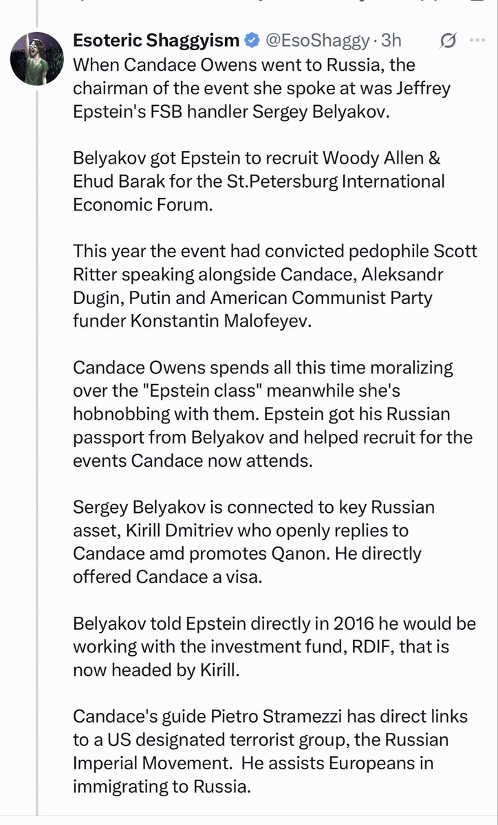 RavenGrace0613's tweet photo. I think everyone is missing the biggest point of this article.  

Milo and others are using blackmail against Candace for her to use her platform to push agendas.  

Israel bad, Trump Bad, Feds bad, CIA bad, don’t vote, GOP bad, Russia Good, France bad…..don’t trust the US military, take down TPUSA, evangelicals bad…..who is blackmailing and paying her is the story.  

I don’t care what her sexual orientation is or what she did in college.  I want the connections using her past to control her.  Hopefully when part 2 drops more of this information will come out.
