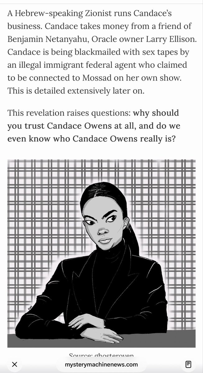 RavenGrace0613's tweet photo. I think everyone is missing the biggest point of this article.  

Milo and others are using blackmail against Candace for her to use her platform to push agendas.  

Israel bad, Trump Bad, Feds bad, CIA bad, don’t vote, GOP bad, Russia Good, France bad…..don’t trust the US military, take down TPUSA, evangelicals bad…..who is blackmailing and paying her is the story.  

I don’t care what her sexual orientation is or what she did in college.  I want the connections using her past to control her.  Hopefully when part 2 drops more of this information will come out.
