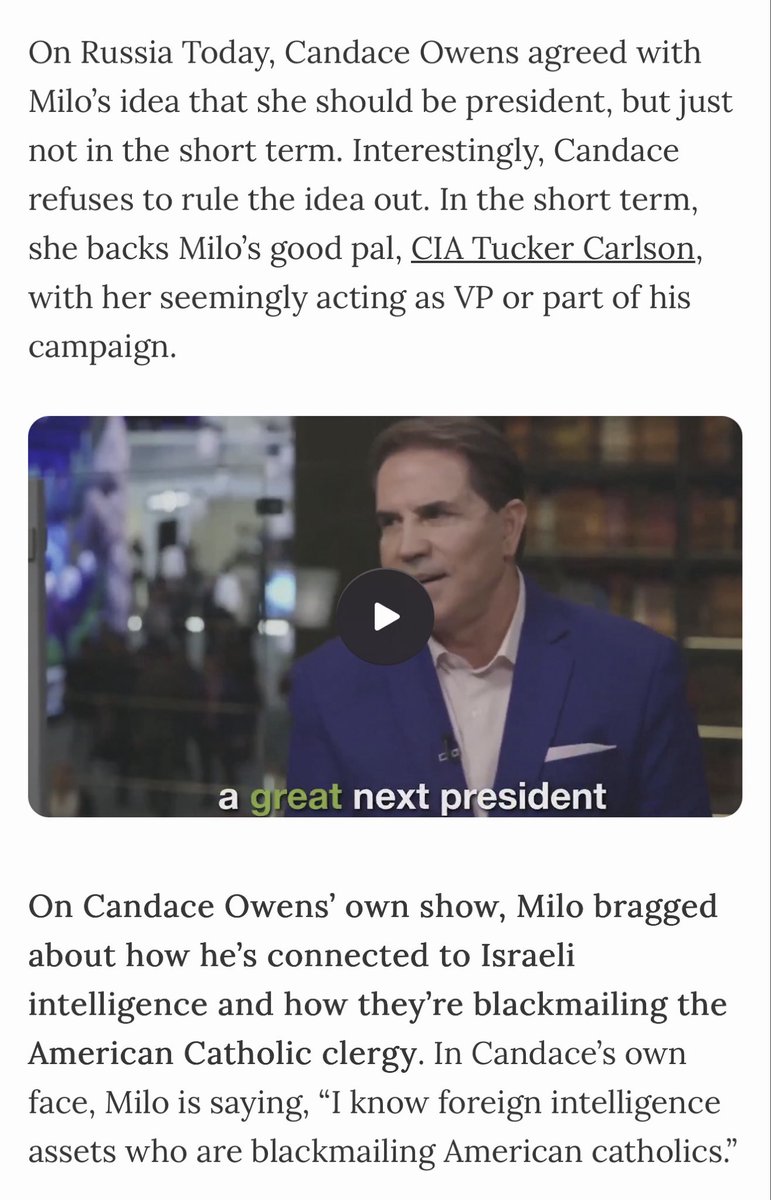 RavenGrace0613's tweet photo. I think everyone is missing the biggest point of this article.  

Milo and others are using blackmail against Candace for her to use her platform to push agendas.  

Israel bad, Trump Bad, Feds bad, CIA bad, don’t vote, GOP bad, Russia Good, France bad…..don’t trust the US military, take down TPUSA, evangelicals bad…..who is blackmailing and paying her is the story.  

I don’t care what her sexual orientation is or what she did in college.  I want the connections using her past to control her.  Hopefully when part 2 drops more of this information will come out.