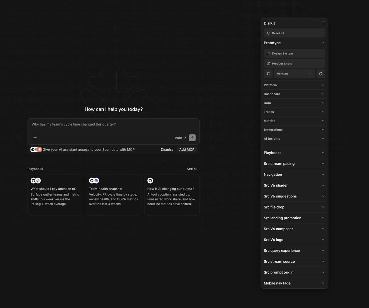 gerquintela's tweet photo. just joined Span and honestly blown away by how @jeffjb uses DialKit in his sandbox. rendering, feature flags, layouts, navbar, animations... he controls everything from it. 

great case study here @joshpuckett 😉 https://t.co/IexIJtNG9i