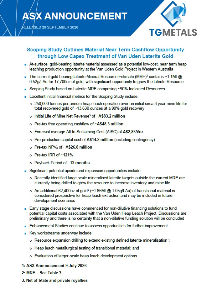 TGMetals's tweet photo. TG Metals (ASX: TG6) releases Van Uden Gold Scoping Study

• ~A$48.3M pre-tax free operating cashflow
• ~A$26.8M pre-tax NPV8
• ~121% pre-tax IRR
• ~12-month payback
• A$14.2M pre-production capex
• 90% gold recovery

Expansion drilling is underway

https://t.co/PHzIutAZqI https://t.co/Qj6HUGsjgh