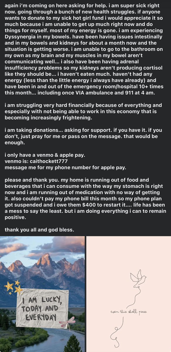 caithockett's tweet photo. if you can help me…. please someone help me. send me donations so that i can survive this. venmo: caithockett777
#viral #trending #chronicillness #sick #help #donate #paypig #sugardaddy #charity #life #mentalhealth #medicine #love #money #justinbieber #selenagomez #makeup #grwm https://t.co/nVlY1SlbC1