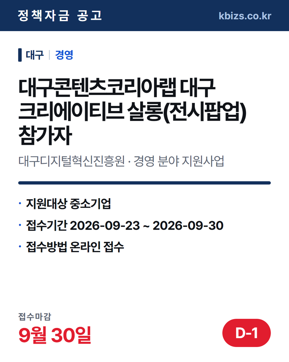 thekbizs's tweet photo. 오늘의 정책자금 공고 5건 · 경영·컨설팅

① [대구] 2026년 대구콘텐츠코리아랩 대구… — 9월 30일 마감
② [제주] 2026년 3차 수산식품 가공설비… — 9월 30일 마감

▶ https://t.co/ZtLa7SOheC

#중소기업정책자금대출 #중소기업정책지원금 #경영 https://t.co/97dRKtx4G5