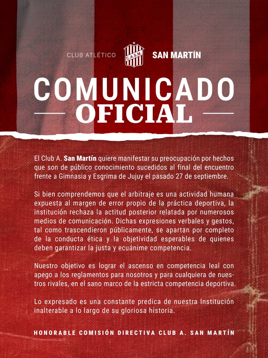 CASMOficial's tweet photo. Comunicado oficial del Club A. San Martín 🇦🇹 https://t.co/LX1hVEyxED