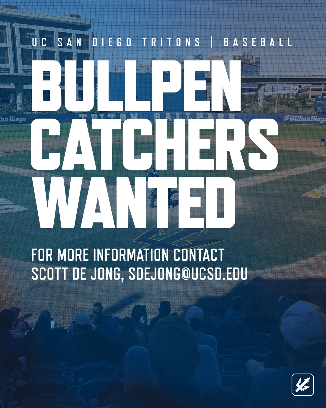 Large text reads "Bullpen Catchers Wanted." Contact information for Scott De Jong is provided below. Stadium seating and field are visible in the background.
