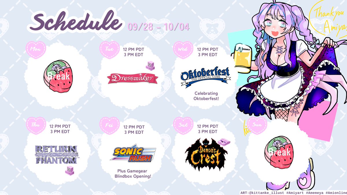 amiyaaranha's tweet photo. 🧵Schedule for Sep 28-Oct 4🕸️ 
Its an unexpectedly modern week this week!! I reallly wanted to try dressmaker though, and we have not one but TWO DS games since I wanted to give sonic rush another try! Also some nice halloween stuff to round it out :3
#Amionline https://t.co/K85gnPyHcD