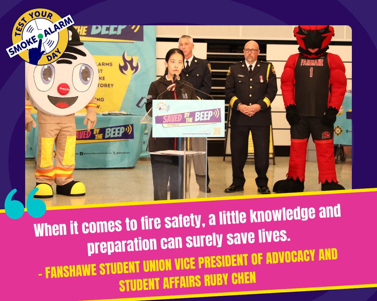 ONFireMarshal's tweet photo. Smoke alarms save lives, but only if they're working. 🚨

Today, we launched the fourth annual Test Your Smoke Alarm Day at Fanshawe College, bringing together fire safety leaders, community partners and students to share a simple but critical message: working smoke alarms save lives.

As part of the event, we connected with post-secondary students, many of whom are living away from home for the first time, to highlight the importance of knowing their fire safety responsibilities and ensuring their smoke alarms are working.

Swipe through for key quotes and takeaways from today's speakers. ➡️

Then take a minute to test your smoke alarms, check your batteries and make sure your household is protected.

#TestYourSmokeAlarmDay #SavedByTheBeep