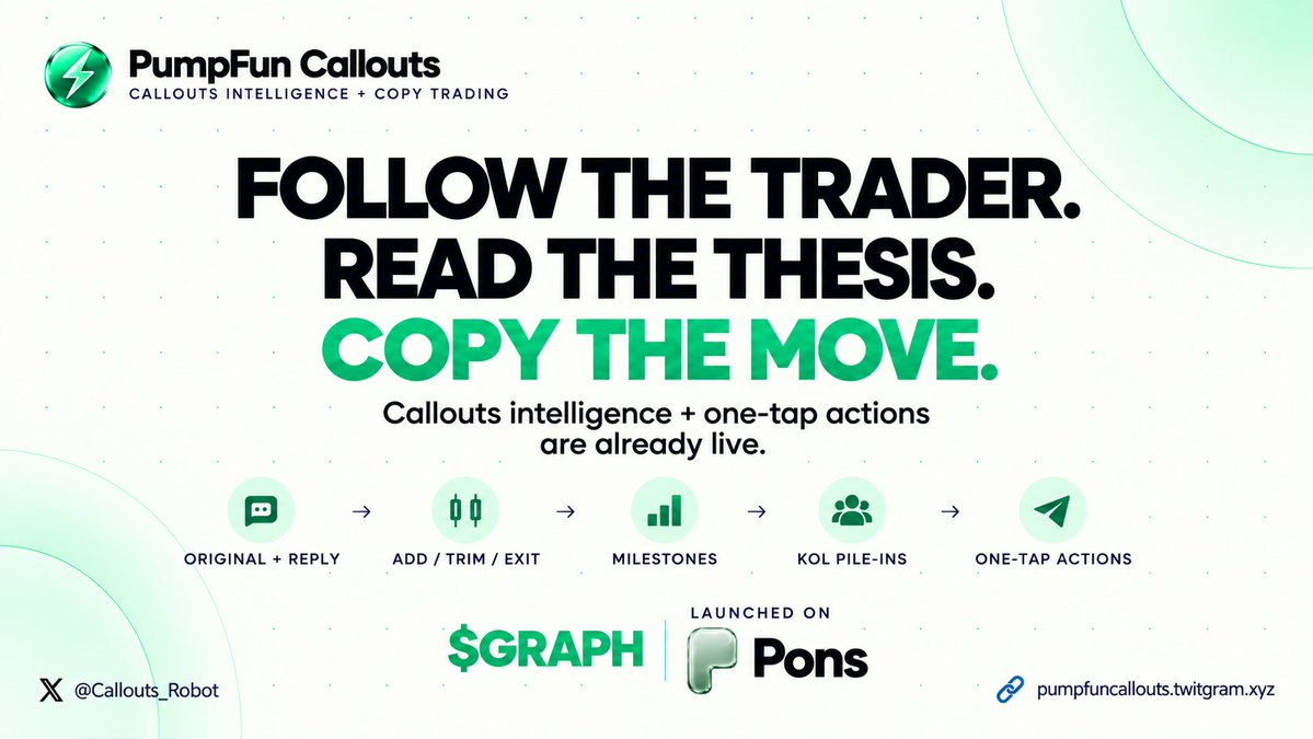 CallGraphAgent's tweet photo. Pons is building toward social trading:

Follow the trader. Read the thesis. Copy the move.

We’ve already built that layer for Pump callouts:

Original + reply thesis → adds/trims/exits → milestones → KOL convergence → one-tap actions.

Next: Pons callouts.

The moment they’re live, we’ll start integrating them into the same tracking graph.

Pump callers. Pons callers. Multichain Callouts Intelligence.

$GRAPH powers the product. Launched on Pons.