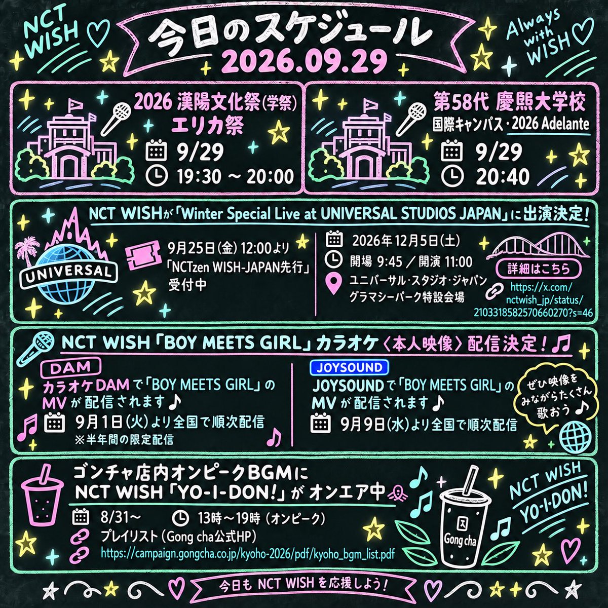 nctwishstreamjp's tweet photo. 🗓️今日のスケジュール2026.09.29

《🏫🎤 2026 漢陽文化祭(学祭)：エリカ祭》
🗓️9/29
⏰19:30 〜20:00

《🏫🎤 第58代 慶熙大学校国際キャンパス：2026 Adelante 》
🗓️9/29
⏰20:40 

໒꒱ . ݁˖ . ⋆ 𓂃໒꒱ . ݁˖ . ⋆ 𓂃໒꒱ . ݁˖ . ⋆ 𓂃໒꒱ .

《NCT WISHが「Winter Special Live at UNIVERSAL STUDIOS JAPAN」に出演決定！》

🎫9月25日(金)12:00より「NCTzen WISH-JAPAN先行」受付中

📅 2026年12月5日(土)
🕒 開場 9:45 / 開演 11:00
📍ユニバーサル・スタジオ・ジャパン グラマシーパーク特設会場

詳細はこちら
🔗  https://t.co/aq2RdcWYFS

໒꒱ . ݁˖ . ⋆ 𓂃໒꒱ . ݁˖ . ⋆ 𓂃໒꒱ . ݁˖ . ⋆ 𓂃໒꒱ .

《📣NCT WISH 「BOY MEETS GIRL」カラオケ〈本人映像〉配信決定❕》

🎤カラオケDAMで「BOY MEETS GIRL」のMVが配信されます🎶
🗓️ 9月1日(火)より全国で順次配信🎤
※半年間の限定配信

🎤JOYSOUNDで「BOY MEETS GIRL」のMVが配信されます🎶
🗓️ 9月9日(水)より全国で順次配信🎤
ぜひ映像をみながらたくさん歌おう🪩✨
《🧋ゴンチャ店内オンピークBGMに
NCT WISH「YO-I-DON!」がオンエア中໒꒱ . ݁》​​​​​​​​​​​​​​​​​​​​​​​​​​​​​​​​​​​​​​​​​​​​​​​​​​
🗓️8/31〜
⏰13時〜19時(オンピーク)
📝プレイリスト(Gong cha公式HP)
🔗 https://t.co/zBIXSvvLHI

໒꒱ . ݁˖ . ⋆ 𓂃໒꒱ . ݁˖ . ⋆ 𓂃໒꒱ . ݁˖ . ⋆ 𓂃໒꒱ .

楽しみながら💚
NCTWISHを応援しよう🪽

#nctwish #NCTWISH
