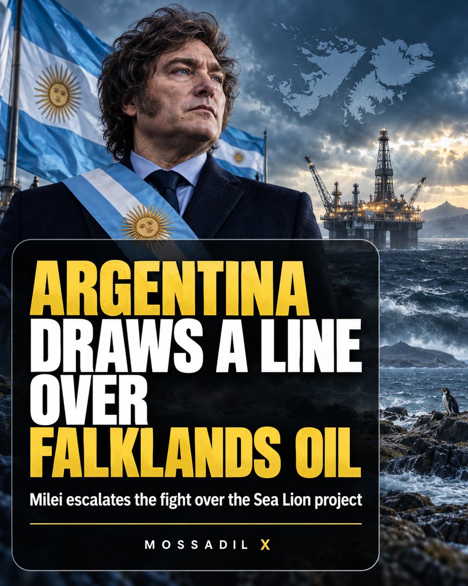 MOSSADil's tweet photo. 🚨 ARGENTINA DRAWS A LINE OVER FALKLANDS OIL

Argentina is escalating its campaign against the Sea Lion oil project with sanctions proceedings against 60 companies and individuals, criminal complaints, new sovereignty legislation and diplomatic pressure.

Milei: “Malvinas is for us a national cause.”

He says Sea Lion is advancing under British licenses that Argentina considers “illegal and illegitimate.”

Buenos Aires says it will use every available legal, diplomatic and economic tool to defend what it regards as Argentine territory and resources.

Milei: “When the homeland is in danger, everything is permitted, except not defending it.”