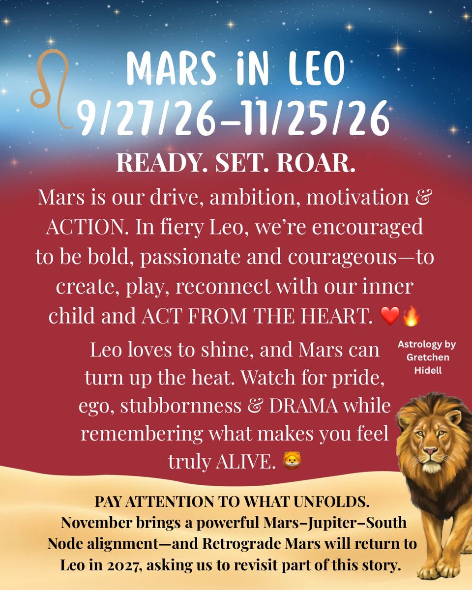 AstroUpdate's tweet photo. 🔥🦁 Mars in #Leo | Sept 27–Nov 25!
Passion, courage, creativity &amp; ACTION! ❤️‍🔥 Watch the drama! 😂
👀 Nov 11–16: Mars–Jupiter–South Node align in Leo. With Retrograde #Mars returning Feb 21–May 14, 2027, pay attention to what unfolds. This story has a second act! 🔄
#MarsInLeo https://t.co/1drzEZsdi6