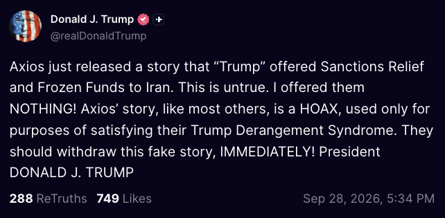 wallstengine's tweet photo. Trump says reports that he offered Iran sanctions relief or access to frozen funds are untrue.

“I offered them NOTHING,” Trump said. https://t.co/6j08UOm0KG