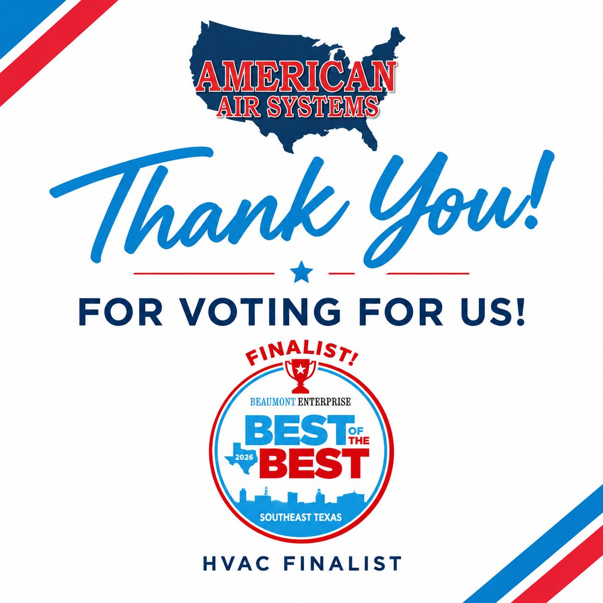 AmericanAirSys's tweet photo. We want to send a heartfelt thank you to everyone who took the time to vote for American Air Systems, Inc. in the HVAC category for The Beaumont Enterprise Best of the Best! #BestOfTheBest #BeaumontEnterprise #AmericanAirSystems #ThankYou https://t.co/zRJckEHJrt
