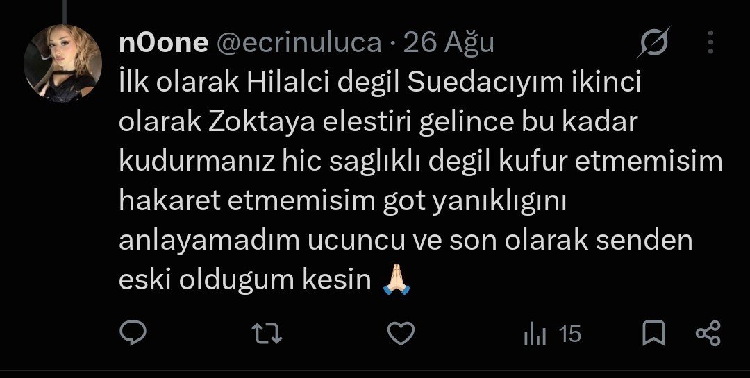 ecrinuluca's tweet photo. @zoktaydaa Zoktaya hakaret küfür etmeden eleştiri yaptığımı da belirtmişim yeri geliyo Suedayı da eleştiriyorum kimse Allah değil tedavi olun 🙏 https://t.co/FmftNI8WiD