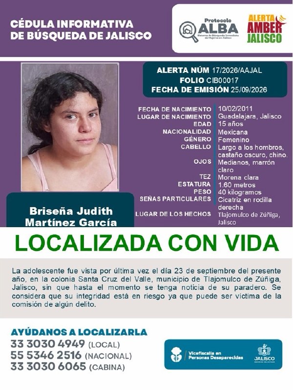 AAMBER_JAL's tweet photo. Agradecemos su apoyo y colaboración, Briseña Judith Martínez García.

Fue localizada con vida. https://t.co/yJXlLewNPn