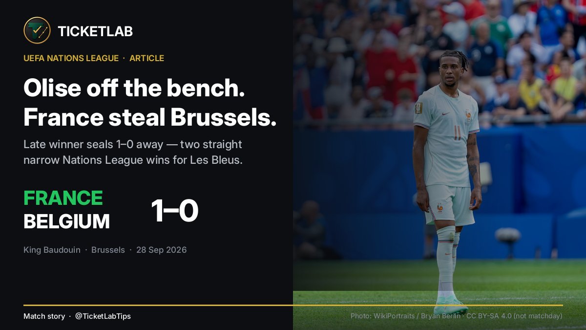 TicketLabTips's tweet photo. 🇫🇷 France stole Brussels.

Michael Olise came off the bench and won it late — 1–0 away in the Nations League at the King Baudouin.

No Mbappé. Still clinical. That’s two straight narrow 1–0 road wins for Zidane’s Bleus (Türkiye Friday, Belgium Monday).

In the full Premium+ Article:
• How Cherki + Olise flipped a tight night in the 88th
• Doué’s near-miss masterclass (the bar, the chances)
• Maignan’s clean sheet + 50th cap
• Why this result matters more than the scoreline

Match story — not a tip.
👇 https://t.co/TgWb38QPLj