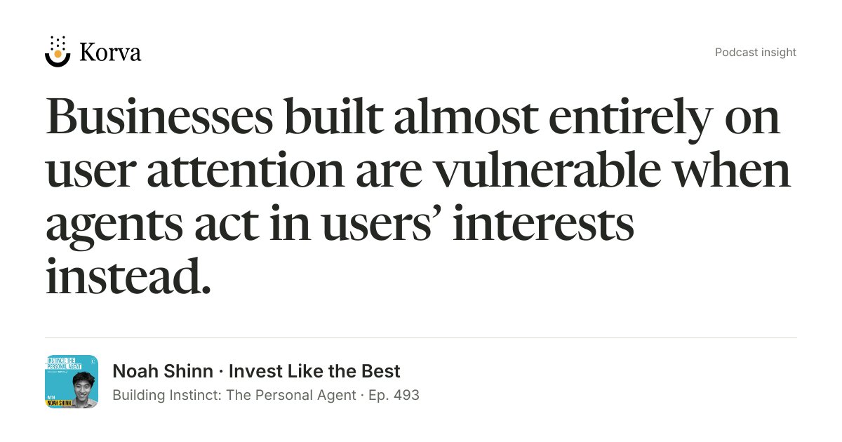 korvaapp's tweet photo. A restaurant doesn't care whether you book the table yourself or an AI does it for you. It still gets the booking.

But what happens to businesses that make money from keeping you scrolling?

@noahrshinn on Instinct with @patrick_oshag. https://t.co/tWyZLJtBe1