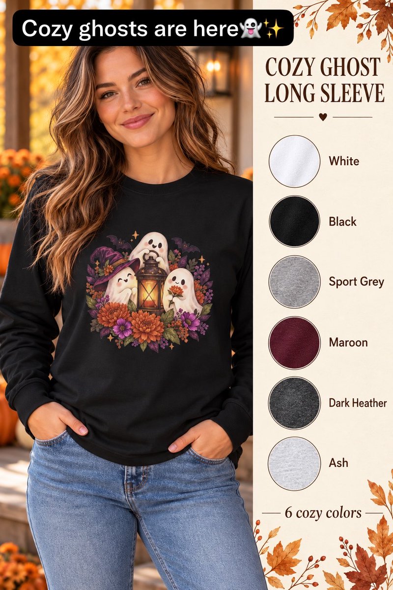 WhimsyRusticCo's tweet photo. Not every ghost is here to scare you—some are here to make fall more magical. 👻🏮✨

This cozy Halloween long-sleeve tee is available in six colors. 

Which one would you choose? 

Shop here: https://t.co/qdwEzrGGBp
#HalloweenShirt #GhostShirt #CozyFallStyle https://t.co/h2Uh0vIffq