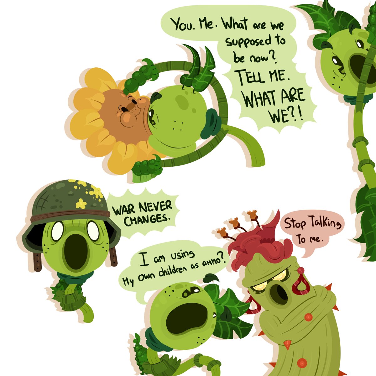 Dense8824's tweet photo. Peashooter is totally the "weird" one of the group.
#pvz #pvzart https://t.co/VcLEiwKCfQ