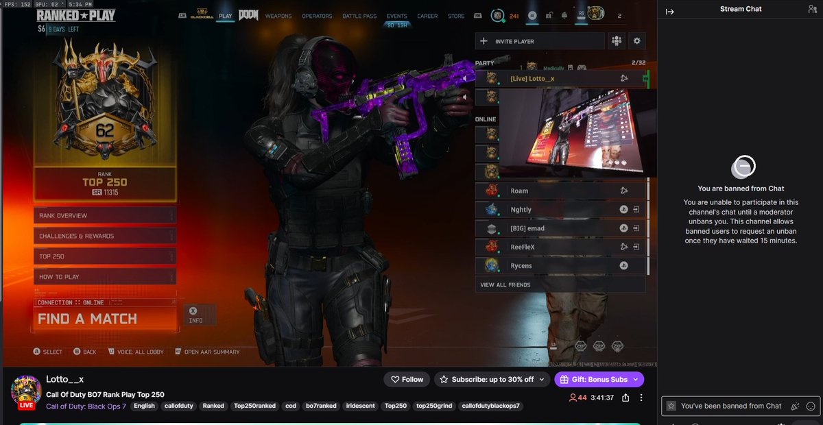 SparkyCOD_'s tweet photo. This guy streams himself blatantly cheating on twitch, viewbots and bans you from chat if you call him out @Lotto___x   Lotto__x#9074992 @Parasite @CODUpdates @CallofDutyCM please ban https://t.co/ab8ExsQm63