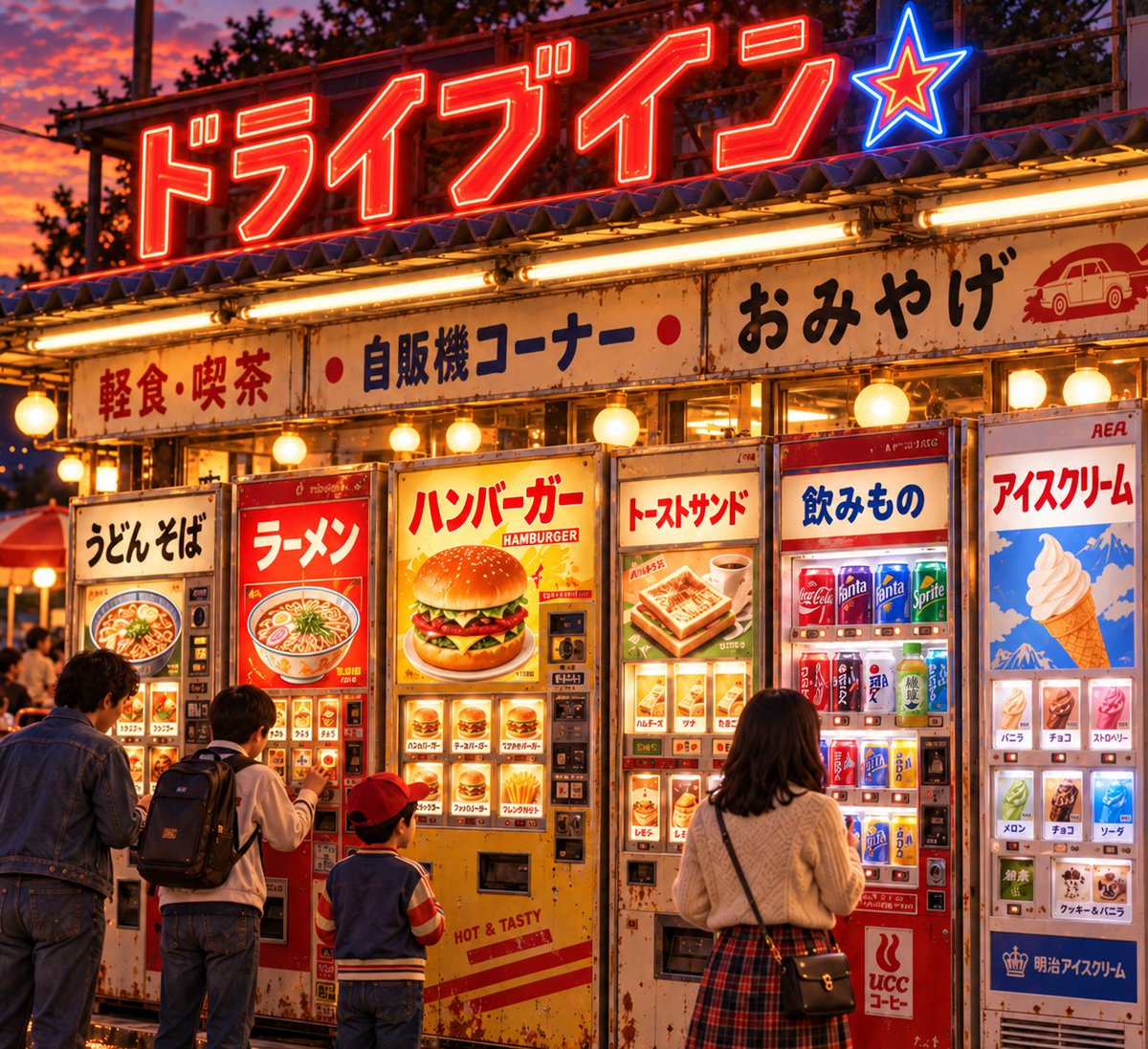 kigurumi_m's tweet photo. 昭和の中に令和が1つ
ドライブインの自動販売機なつい～
30秒でわかったら天才！ https://t.co/ZyILykap45