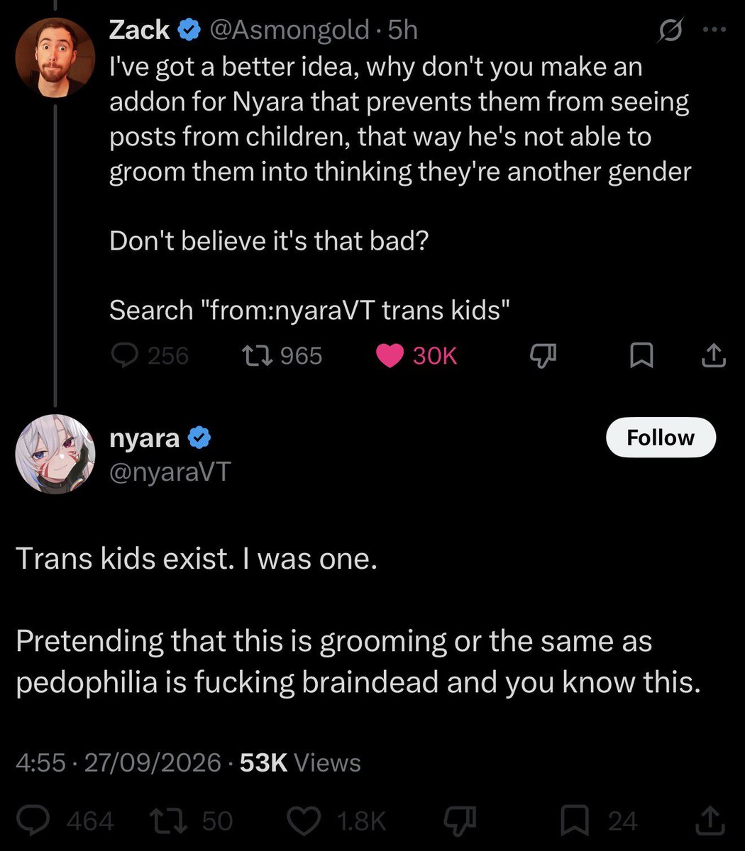 gromnak's tweet photo. You are not “innocent”

You advocate for children to become trans 

You spread trans propaganda to groom the minds of children 

You need to be locked up in a mental asylum

Asmongold is correct

Leave children alone you subhuman freak https://t.co/ANMLYavqEB