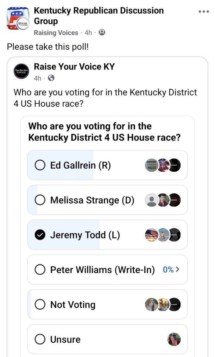 Jtodd601's tweet photo. Did you guys see this? 
Conservative outlet polling their followers, 95% for Republican senate. But ONLY 50% for Gallrein, and around 45% for some guy that “can’t win”. This wasn’t some poll where our followers flooded it, in fact I didn’t even share it. The Republican pages did though (you can see I was leading before they did) 

If republicans are voting this way, imagine what independents are going to do. An America First  reckoning is coming!