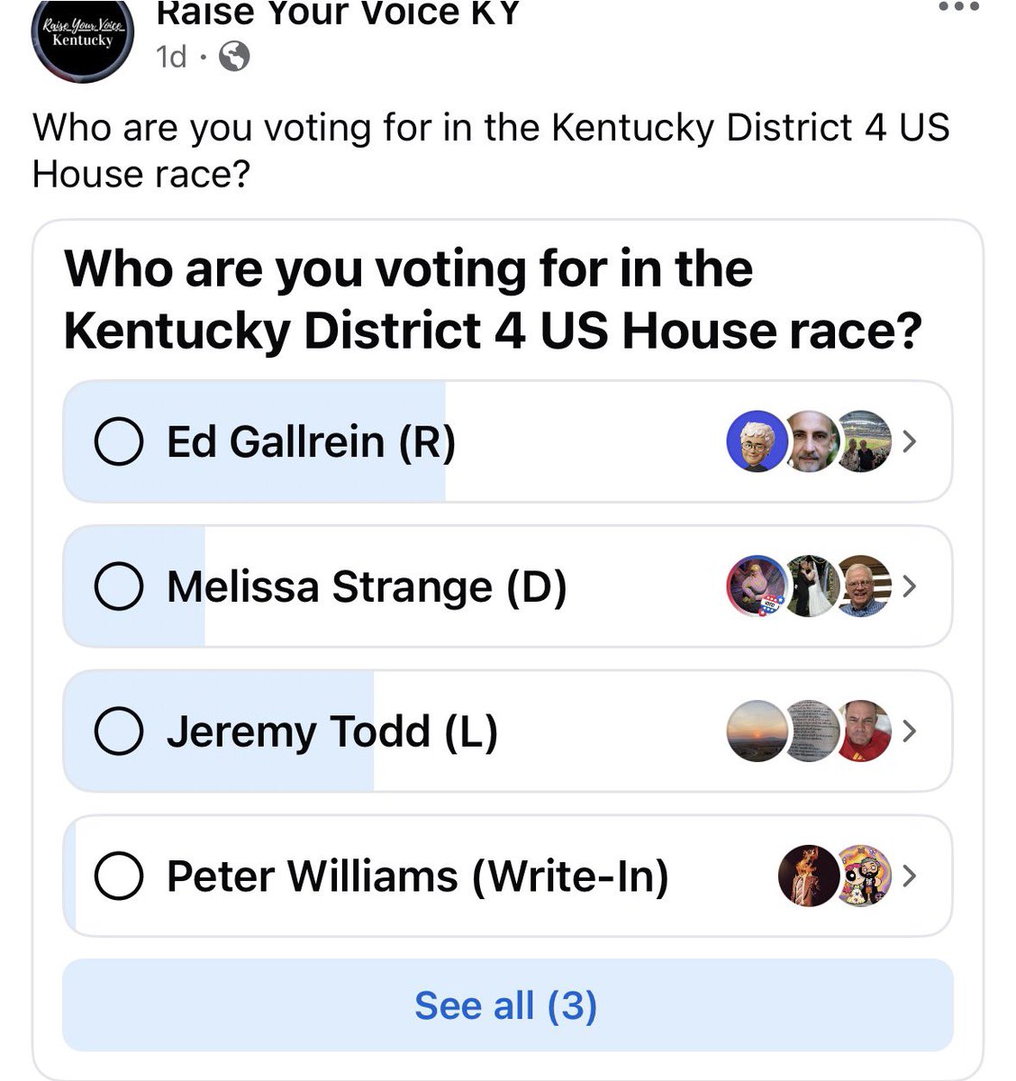 Jtodd601's tweet photo. Did you guys see this? 
Conservative outlet polling their followers, 95% for Republican senate. But ONLY 50% for Gallrein, and around 45% for some guy that “can’t win”. This wasn’t some poll where our followers flooded it, in fact I didn’t even share it. The Republican pages did though (you can see I was leading before they did) 

If republicans are voting this way, imagine what independents are going to do. An America First  reckoning is coming!
