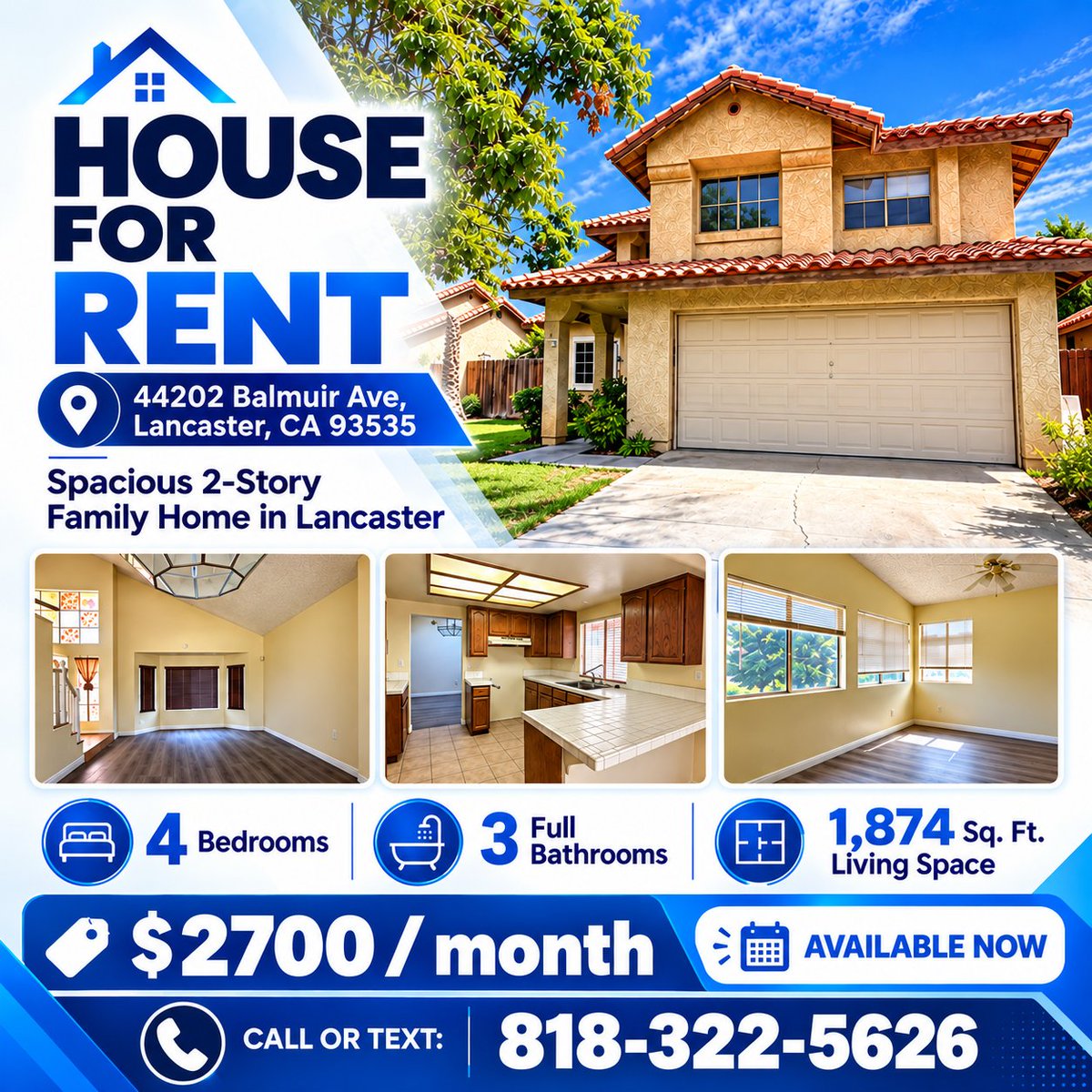 3CALoan's tweet photo. 🏡 House for Rent in Lancaster, CA
4 Bedrooms | 3 Bathrooms | 1,874 Sq. Ft.
💰 $2,700/month
✅ Available Now
📞 Call/Text: 818-322-5626
#calhomes #california #realestatefinance #mortgagebroker #twittwer #facebook #meta #loanofficer #twittssk #facebook #bird #loanofficer https://t.co/ajP1jpeDXR