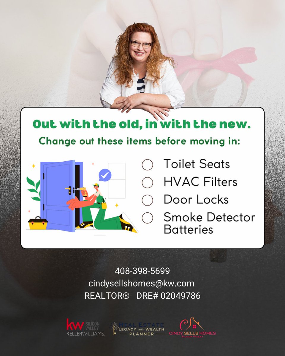 CSelleos's tweet photo. Moving day tip! 🏡 Swap these 4 quick items before you unpack to keep your new space fresh, safe, and clean.

Thinking about buying or selling in the South Bay? Send a message today! 📩

Call Cindy: 408-398-5699 REALTOR® | DRE# 02049786
#cindysellshomes #HomeownerTips https://t.co/WwEMABnWjV