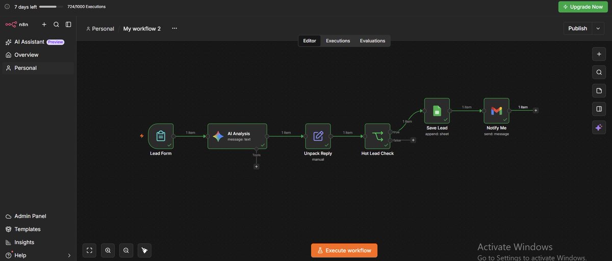 WilliamPreshy's tweet photo. Someone dropped a weekend n8n challenge: skip the 30-node AI agent, build one thing that solves a real problem.

I built an AI Lead Assistant that qualifies leads on its own.

Here's how it works 🧵 https://t.co/xRz3x007CC