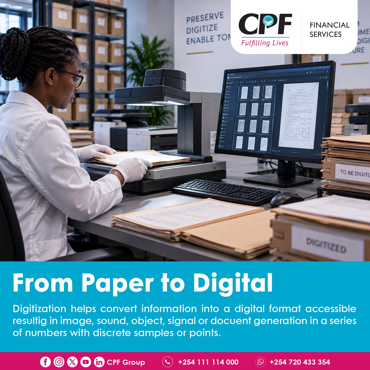 cpf_kenya's tweet photo. Digitization helps convert information into a digital format accessible resulting in image, sound, object, signal or document generation in a series of numbers with discrete samples or points. https://t.co/yfcuxVOIe1